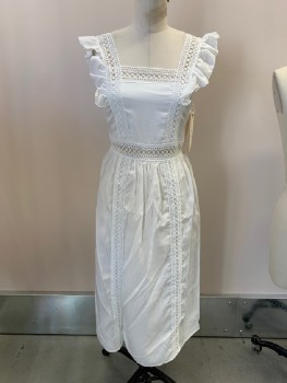 N/L, White, Rayon, Solid, Circular Lace Detail, Trim, Waist And Panels, Self Ruffled Straps, Squared Neck