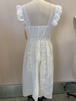 N/L, White, Rayon, Solid, Circular Lace Detail, Trim, Waist And Panels, Self Ruffled Straps, Squared Neck