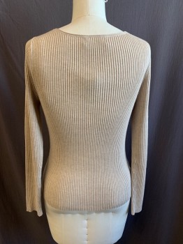 BANANA REPUBLIC, Beige, Rayon, Polyester, Solid, Heathered, V-N, L/S, Ribbed