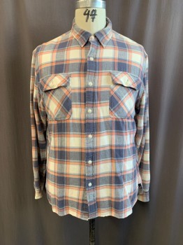 RR, White, Slate Blue, Gray, Peach Orange, Cotton, Plaid, Collar Attached, Button Front, Long Sleeves, 2 Chest Pockets