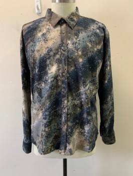 INTNL LAUNDR, Navy Blue, Black, Beige, Gray, Cotton, Floral, Bleach Splatter , Collar Attached, Button Front, Long Sleeves, Brown Stitching on Shoulders, Floral/Paisley Pattern and Bleach Splatters