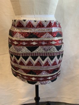 FOREVER 21, Black, Red, White, Gold, Polyester, Geometric, Abstract , Pencil Skirt, All Over Sequins, Side Zip