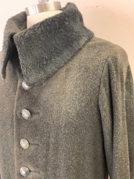 Mens, Historical Fiction Coat, MTO, Dk Olive Grn, Faded Black, Wool, Color Blocking, C42, 1700S Fantasy, Single Breasted, 8 Metal Buttons, Wide C.A.w/ Hook Eye Closure, Cuffs, 2 Flap Pocket, Unlined, Extra Long, Slit CB From Buns to Floor, Aged