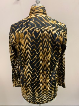 MAKROM, Black, Off White, Goldenrod Yellow, Viscose, Polyester, Chevron, Abstract , L/S, Button Front, Silky, Burnout Style Print
