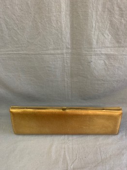 Womens, Purse, Nicholas Reich, Gold, Leather, Solid, 15''x5'' Clutch, with Hidden Gold Bar Swing Up Handle Attached to  Metal Frame Hinge, with Matching Coin purse and Mirror, Light Blue Grosgrain  Cutout " Ticket Pocket'' on Handle Side