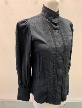 Womens, Blouse 1890s-1910s, FRONTIER CLASSICS, Black, Cotton, Solid, B:34, S, Reproduction, L/S, Button Front, Stand Collar, Vertical Crochet Lace Throughout, Puffy Sleeves Gathered at Shoulders