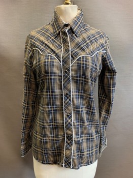 Womens, Shirt, KENNY ROGERS, Black, White, Beige, Poly/Cotton, Plaid, M, White Piping Trim on Yoke & Placket, Collar Attached, Snap Front, Long Sleeves, 2 Pockets