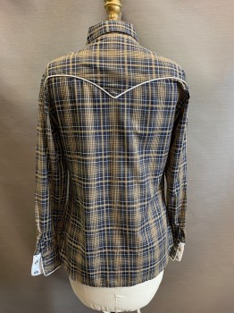 KENNY ROGERS, Black, White, Beige, Poly/Cotton, Plaid, White Piping Trim on Yoke & Placket, Collar Attached, Snap Front, Long Sleeves, 2 Pockets