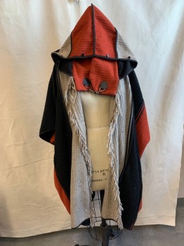 Womens, Poncho, THE NEW COUNTY, Rust Orange, Black, Lt Gray, Acrylic, Stripes - Vertical , S, Herringbone Weave, Bold Stripes, Pilley, Fringed Open Front with Snap, Hooded, 2 Welt Pocket, Clasp Closure at Neck, Aged/Distressed,  Homeless
