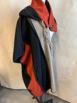 Womens, Poncho, THE NEW COUNTY, Rust Orange, Black, Lt Gray, Acrylic, Stripes - Vertical , S, Herringbone Weave, Bold Stripes, Pilley, Fringed Open Front with Snap, Hooded, 2 Welt Pocket, Clasp Closure at Neck, Aged/Distressed,  Homeless