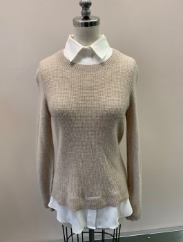 BLOOMINGDALE'S, White, Lt Beige, Cashmere, Polyester, Solid, L/S, CN, Waffle Knit, White C.A