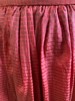 Womens, Historical Fiction Skirt, MTO, Cranberry Red, Maroon Red, Polyester, Stripes - Horizontal , 26/28 , Fixed Waistband with Adjustable  Hook & Eyes, Center Back, Gathered Skirt, Floor Length, Horizontal Tucks 6" From Hem. Stiff Lightweight Semi-sheer