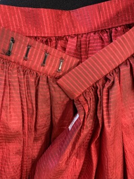 Womens, Historical Fiction Skirt, MTO, Cranberry Red, Maroon Red, Polyester, Stripes - Horizontal , 26/28 , Fixed Waistband with Adjustable  Hook & Eyes, Center Back, Gathered Skirt, Floor Length, Horizontal Tucks 6" From Hem. Stiff Lightweight Semi-sheer