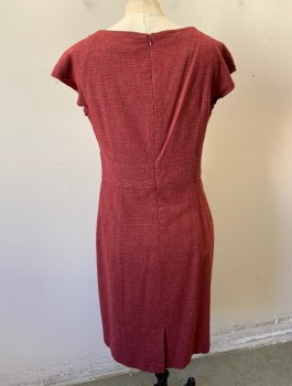 NANETTE LEPORE, Cranberry Red, Red Burgundy, Wool, Nylon, Speckled, Cap Sleeves, Sweetheart Neck with Surplice/Wrapped Detail, Self Ruffle at Neckline, Empire Waist, 3" Wide Self Waistband, Straight Cut Through Hips, Knee Length, Invisible Zipper in Back