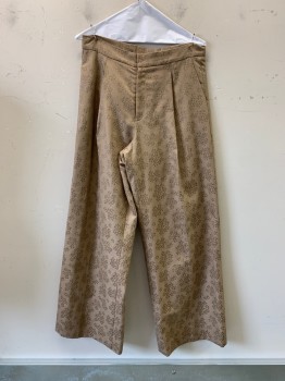 NO LABEL, Beige, Tan Brown, Wool, Floral, Pleated, Side Pockets, Zip Front, Straight Fit