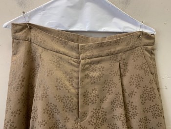 NO LABEL, Beige, Tan Brown, Wool, Floral, Pleated, Side Pockets, Zip Front, Straight Fit