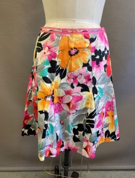 LILY, Multi-color, Fuchsia Pink, Orange, White, Teal Green, Cotton, Lycra, Floral, 2 Thin Rows Of Pink Grosgrain At Waist With White Stitching, Vertical Panels, Flared With Godet Panels At Hem, Invisible Zipper At Side