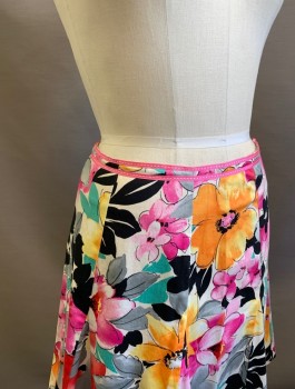 LILY, Multi-color, Fuchsia Pink, Orange, White, Teal Green, Cotton, Lycra, Floral, 2 Thin Rows Of Pink Grosgrain At Waist With White Stitching, Vertical Panels, Flared With Godet Panels At Hem, Invisible Zipper At Side