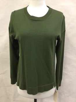 J CREW, Moss Green, Wool, Cotton, Solid, Crew Neck, Long Sleeves,