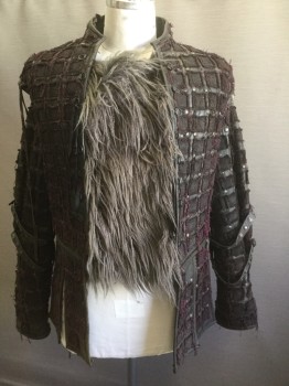 Mens, Jacket, MTO, Black, Fuchsia Pink, Gray, Leather, Burlap, Grid , 42 , Medevilesq Tabard / of Black Leather Base, with a Grid Pattern of 1.5"x1.5" Black Burlap Squares Accented with Fushia Threads Around the Edge of Each Square, Antiqued/Blackened Brass Dome Head Studs Accents in Grid Pattern, Center Front Closure of 18 Small Antiqued/blackened Rings for Leather Lacing, 9 Panels = Skirt, Detachable Matching Sleeves with 2 Black 1/2" Leather Straps Accented with Flathead Antiqued/Blackened Brass Studs on Each Sleeve, a 12" Piece of Gray Faux Fur Center Front with Large Snaps, Stand Collar, Black Cotton Muslin Lining