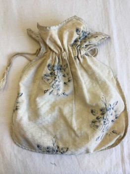 Womens, Purse 1890s-1910s, Cream, Teal Blue, Cotton, Floral, Aged/Distressed,  Textured Dot with Toile Like Bouquets Of Flowers, Flat Sack, Drawstring Close, Bound Edges,