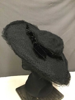 Womens, Hat 1890s-1910s, Bonwit Teller, Black, Synthetic, Wide Brim, Mesh and Netting, Velvet Ribbon and Bow Detail, Elastic Chin Strap,