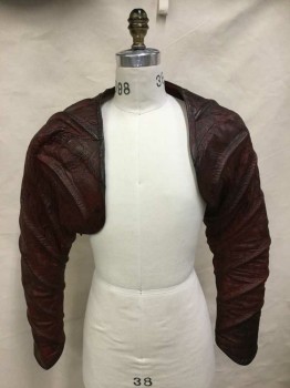 Mens, Jacket, NO LABEL, Red, Red Burgundy, Leather, Medium, Distressed Leather, Long Sleeves, Shrug, Padded Spiral Spine Detail Along Arms, Black Velcro Attachments At Shoulders