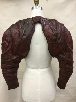NO LABEL, Red, Red Burgundy, Leather, Distressed Leather, Long Sleeves, Shrug, Padded Spiral Spine Detail Along Arms, Black Velcro Attachments At Shoulders