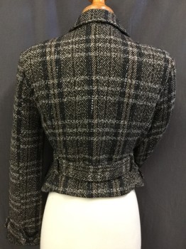 BCBG, Tan Brown, Brown, Black, Gray, Wool, Rayon, Tweed, Plaid, Button Front, Notched Lapel, 4 Flap Pocket, Cropped, Belt Loops, and Matching BELT, Belt Loops on Sleeve Cuffs and Little Sleeve Belts