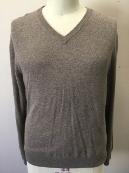 BLOOMINGDALE'S, Lt Brown, Cashmere, Heathered, V-N, L/S,  Ribbed Knit Collar/Cuff/Waistband