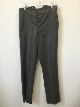 Mens, Pants 1890s-1910s, N/L, Charcoal Gray, Lt Gray, Maroon Red, Blue, Wool, Plaid, Open, 34, High Waisted Button Fly. 2 Pockets,
