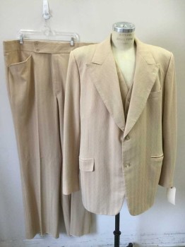 Mens, 1970s Vintage, Suit, Jacket, PAUL CHANGS, Beige, Polyester, Stripes, Abstract , 48L, Single Breasted, Peaked Lapel, 2 Buttons, 3 Pockets,