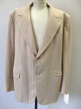 Mens, 1970s Vintage, Suit, Jacket, PAUL CHANGS, Beige, Polyester, Stripes, Abstract , 48L, Single Breasted, Peaked Lapel, 2 Buttons, 3 Pockets,