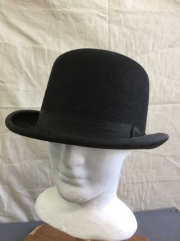 Mens, Bowler Hat 1890s-1910s, PIERONI BRUNO, Black, Wool, Solid, 7 3/8, Grosgrain Band and Bow, Grosgrain Edge Trim, Heavily Sized