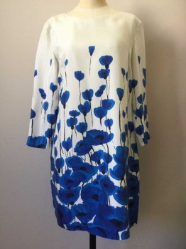 BROOKS BROTHERS, White, Royal Blue, Black, Silk, Floral, Round Neck,  3/4 Sleeves, Zip Back, Lined, Double,