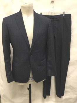 JOHN VARVATOS, Black, White, Wool, Silk, Speckled, Black with White Faint Streaked Crosshatched Lines, Single Breasted, Notched Lapel, 2 Buttons,  3 Pockets, Slim Fit, Navy Lining
