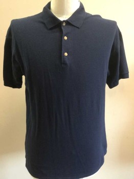 GILDAN, Navy Blue, Cotton, Polyester, Solid, Navy, Collar Attached, 3 Button Front, Short Sleeves,