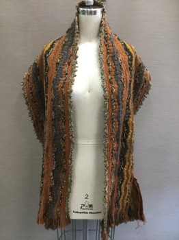MTO, Sienna Brown, Goldenrod Yellow, Blue, Black, Brown, Wool, Stripes, Felted Wool, Fringe, Hem with Knit Knots, Couple Holes, 1 Tear From Fringe Hem, Textured Stain,