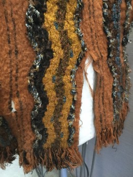 MTO, Sienna Brown, Goldenrod Yellow, Blue, Black, Brown, Wool, Stripes, Felted Wool, Fringe, Hem with Knit Knots, Couple Holes, 1 Tear From Fringe Hem, Textured Stain,