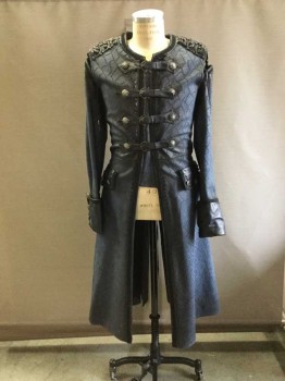 Steel Blue, Black, Faux Leather, Metallic/Metal, Reptile/Snakeskin, Fantasy Gothic Frock Coat. Reptile Textured Pleather with 4 Buckled Chest Straps with Pewter Metal Findings. Filigree Embellished Metal Shoulders. 3 Buttons On Navy Pleather Cuffs. Leather Wang Detachable  Sleeves, Leather Wang Tassels with Metal Ends At Long Center Back, Slit