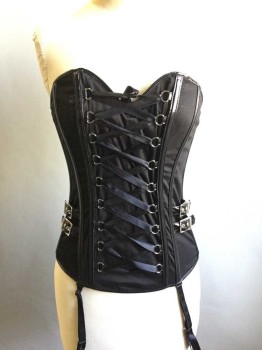 FREDERICKS OF HOLLYW, Black, Silver, Cotton, Poly Vinyl Cloride, Solid, Stretch Cotton, W/PVC Trim, Boned, Strapless, W/Self Straps & Silver Metal Buckles At Sides, Silver D Rings And Satin Laces At Front, Lace Up & Grommets In Back Also, Sweetheart Bust