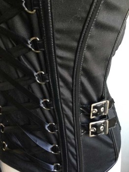 Womens, Corset, FREDERICKS OF HOLLYW, Black, Silver, Cotton, Poly Vinyl Cloride, Solid, M, Stretch Cotton, W/PVC Trim, Boned, Strapless, W/Self Straps & Silver Metal Buckles At Sides, Silver D Rings And Satin Laces At Front, Lace Up & Grommets In Back Also, Sweetheart Bust