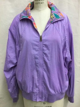 Womens, 1980s Vintage, Piece 1, HEAD SPORTSWEAR, Lavender Purple, Assorted Colors, Yellow, Teal Green, Pink, Nylon, Solid, Floral, L, 2 Piece Track Suit: Jacket/Top Is Long Sleeve, Zip Front, **Reversible** One Side Is Solid Lavender, Other Side Is Floral Multicolor Patterned, Lavender Ribbed Knit Cuffs & Waistband, 2 Pockets, Barcode in Pocket on Purple Side