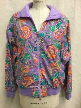Womens, 1980s Vintage, Piece 1, HEAD SPORTSWEAR, Lavender Purple, Assorted Colors, Yellow, Teal Green, Pink, Nylon, Solid, Floral, L, 2 Piece Track Suit: Jacket/Top Is Long Sleeve, Zip Front, **Reversible** One Side Is Solid Lavender, Other Side Is Floral Multicolor Patterned, Lavender Ribbed Knit Cuffs & Waistband, 2 Pockets, Barcode in Pocket on Purple Side