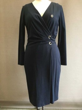 ESCADA, Navy Blue, Viscose, Polyester, Solid, Wrap Style Dress, Hem Below Knee, CB Zipper, 2 Gold Grommets at Waist with Straps Attaching to Side Waist, Pleated From Grommets