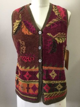 Womens, Vest, SIGRID OLSEN SPORT, Magenta Purple, Olive Green, Brown, Orange, Yellow, Ramie, Cotton, Novelty Pattern, Stripes - Horizontal , S, B:36, V-neck, Button Front, Boucle and Chenille, Leaves and Diamonds