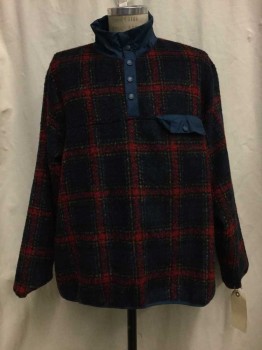 SOUTHERN PROPER, Navy Blue, Blue, Red, Brown, Cotton, Polyester, Plaid-  Windowpane, Navy with Blue/red/brown Window Pane, Navy Collar Attached, Button Neck, 1 Flap Pocket