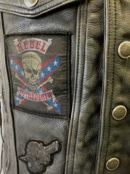 Mens, Leather Vest, HARLEY DAVIDSON, Black, Multi-color, Leather, Solid, Logo , L, Leather with Assorted Biker Patches (Skulls, Flames, "Rebel to the Death" Logo, Etc), Snap Front, 4 Pockets, Silver Grommets with Leather Laces Up Sides, Silver Metal Star Studs at Sides, Several Pyramid Metal Studs in Back, But Most are Now Missing **Leather is Aged/Worn Throughout