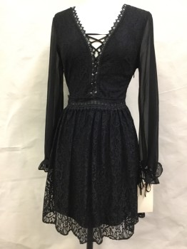 TOPSHOP, Black, Nylon, Polyester, Solid, Black Floral Lace, Lace Up Front & Back, Sheer Black Poly Long Sleeves, Side Zip
