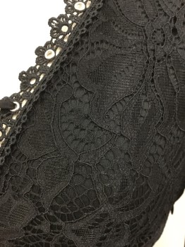 TOPSHOP, Black, Nylon, Polyester, Solid, Black Floral Lace, Lace Up Front & Back, Sheer Black Poly Long Sleeves, Side Zip